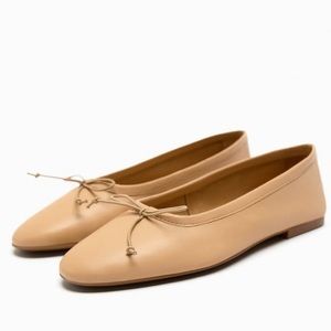 Zara Nude Beige Tan Flat Ballet Leather Shoes Size 8 - 8.5